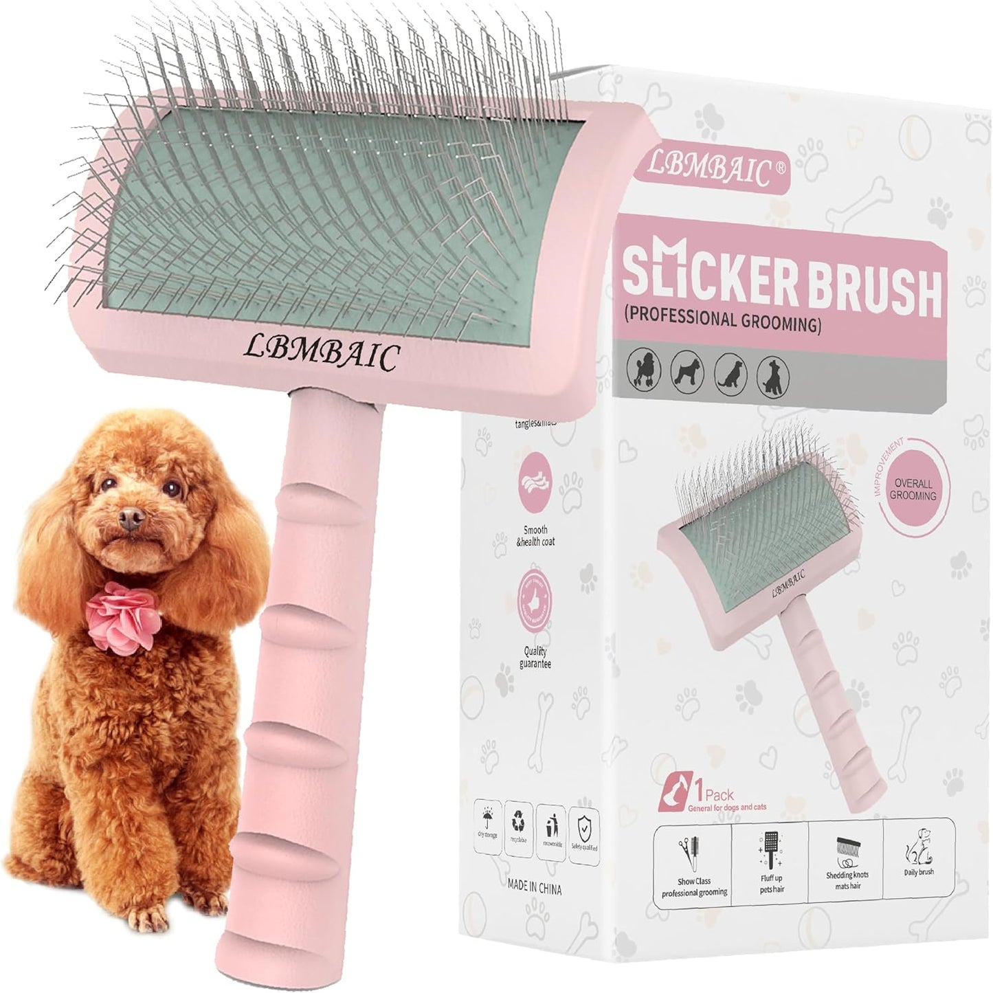 Slicker Brush for Poodles and Goldendoodles - Curved Brush for Thick, Fluffy, Shedding Fur on Dogs and Cats - Soft, Gentle Pins for Grooming (Blue)