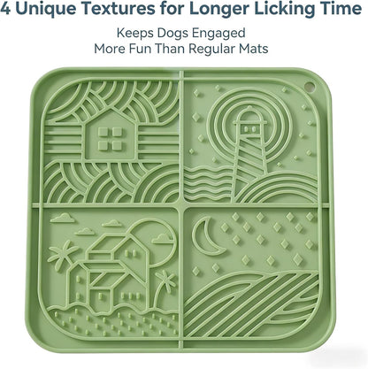 Dog Lick Mat with Suction Cups, 4-Texture Enrichment Slow Feeder for Dogs & Cats, Non-Slip Silicone Licking Pad for Anxiety Relief, Bathing & Training (Green)