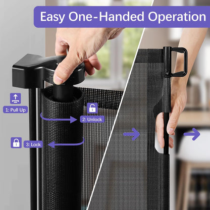 Reinforced 42" Tall Retractable Dog Gate, 155" Extra Long Retractable Baby Gate with Support Rods - Prevent Crawling Under, Indoor/Outdoor Retractable Gate Extra Tall Baby Gate Retractable Fence/Black