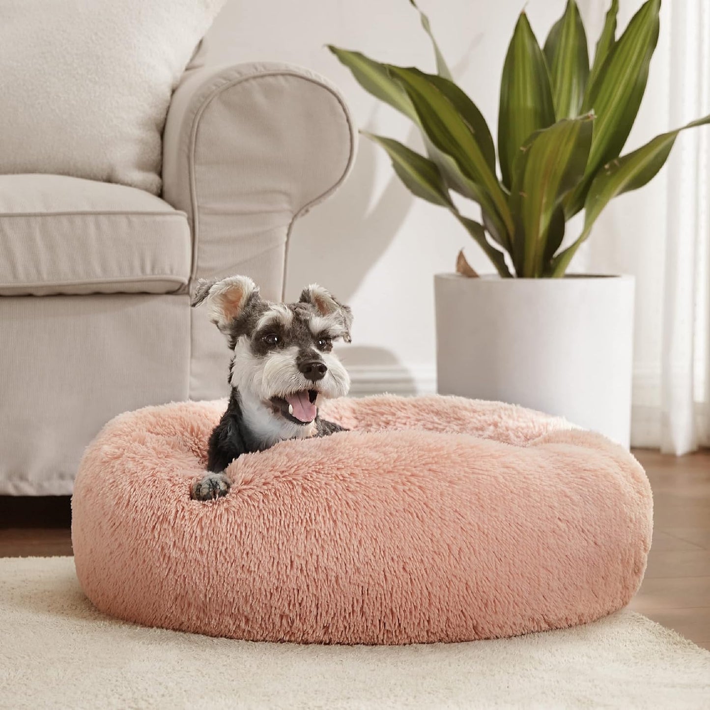 Bedsure Calming Dog Bed Medium Size Dog - Donut Washable Medium Pet Bed, 30 inches Anti-Slip Round Fluffy Plush Faux Fur Cat Bed, Fits up to 45 lbs Pets, Camel