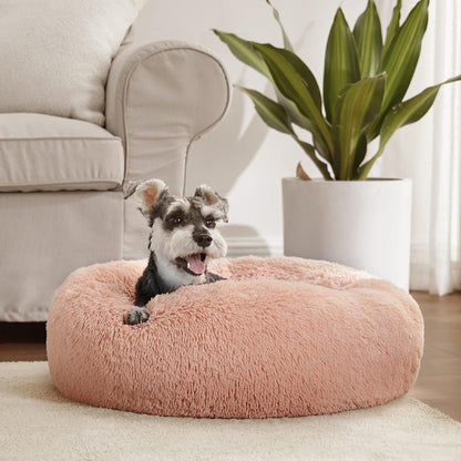 Bedsure Calming Dog Bed Medium Size Dog - Donut Washable Medium Pet Bed, 30 inches Anti-Slip Round Fluffy Plush Faux Fur Cat Bed, Fits up to 45 lbs Pets, Camel