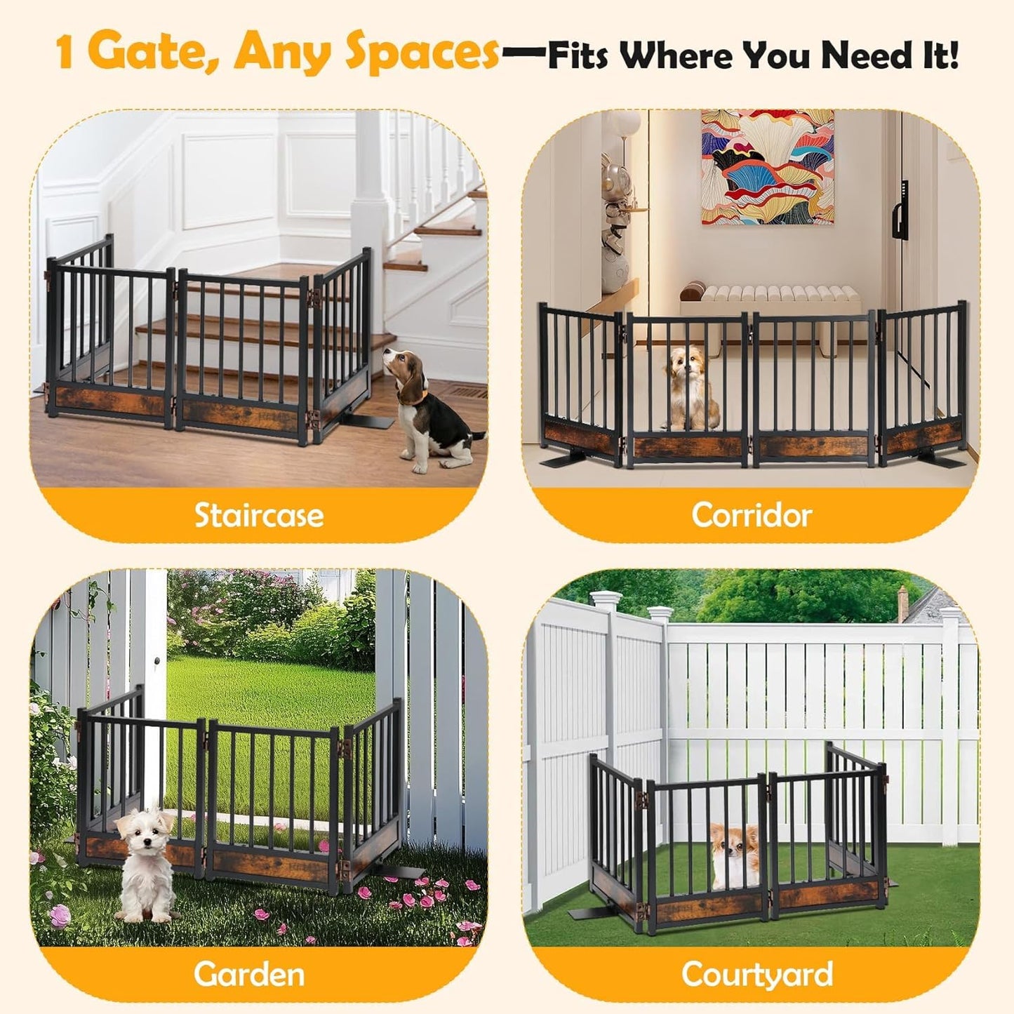 Freestanding Short Dog Gate, 16" Tall Pet Gate Indoor with Support Feet Easily Step Over, 4 Panel Metal Wood Foldable Pet Dog Gate, Up to 48" Wide Puppy Fence, Puppy Gate for for Doorway&Hallway Black
