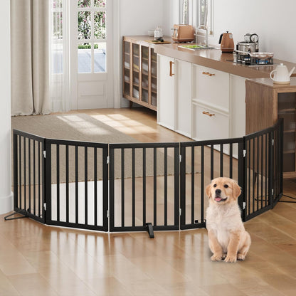 Freestanding Foldable Dog Gate - 4 Panel Room Divider with Metal Support Feet (Black)
