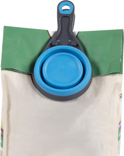 Dexas Pets Collapsible KlipScoop Collapsible Dry Dog Food Scoop and Dog Food Bag Clip, 1 Cup Capacity, Pro Blue