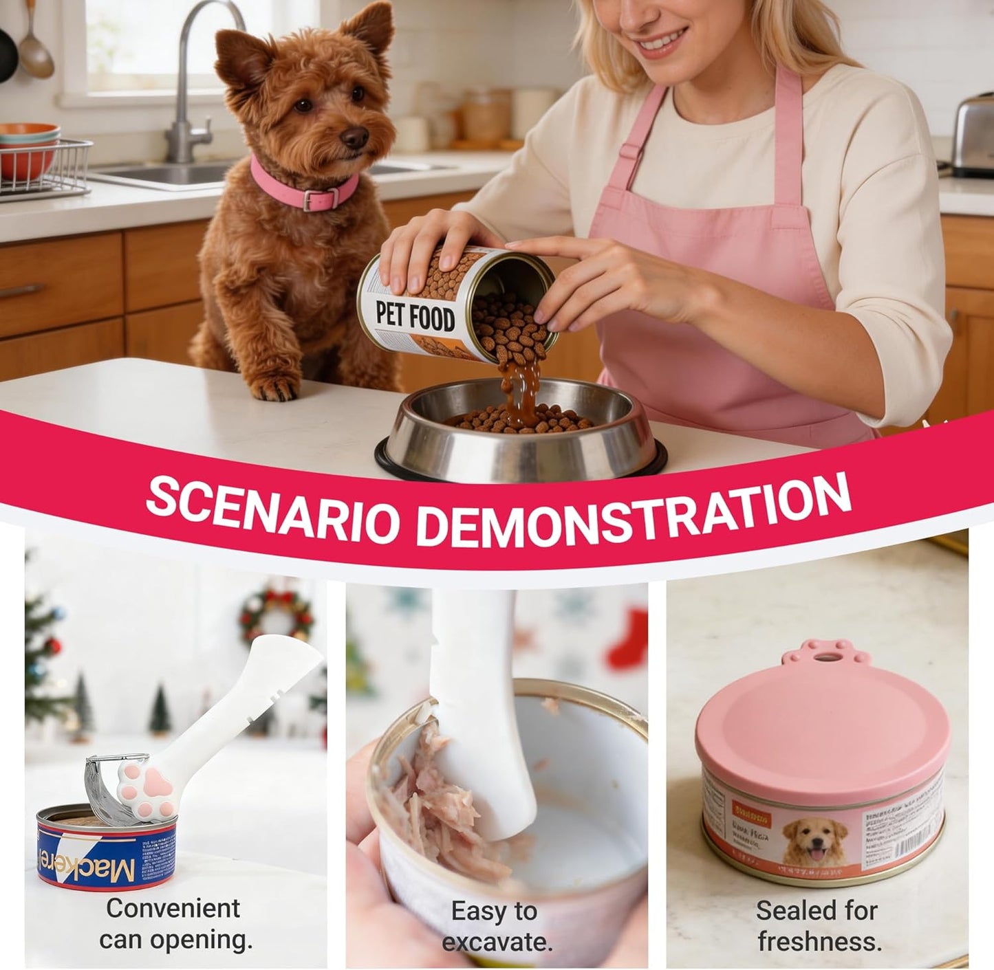 Pet Food Can Lids And Spoon,Pet Food Can Covers, One Fit 3 Standard Size Cans,For Dog And Cat Food Cans,Pink