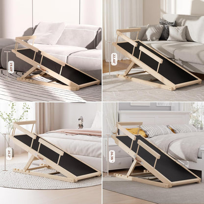 Dog Ramp for High Bed, Couch, Car, Pet Ramps 55.12" Long Adjustable 19.3"-27.17" Wooden Dog Step with Anti-slip Rubber Mat & Safety Side Rails for Small Medium Large Older Pets, up to 250 lbs