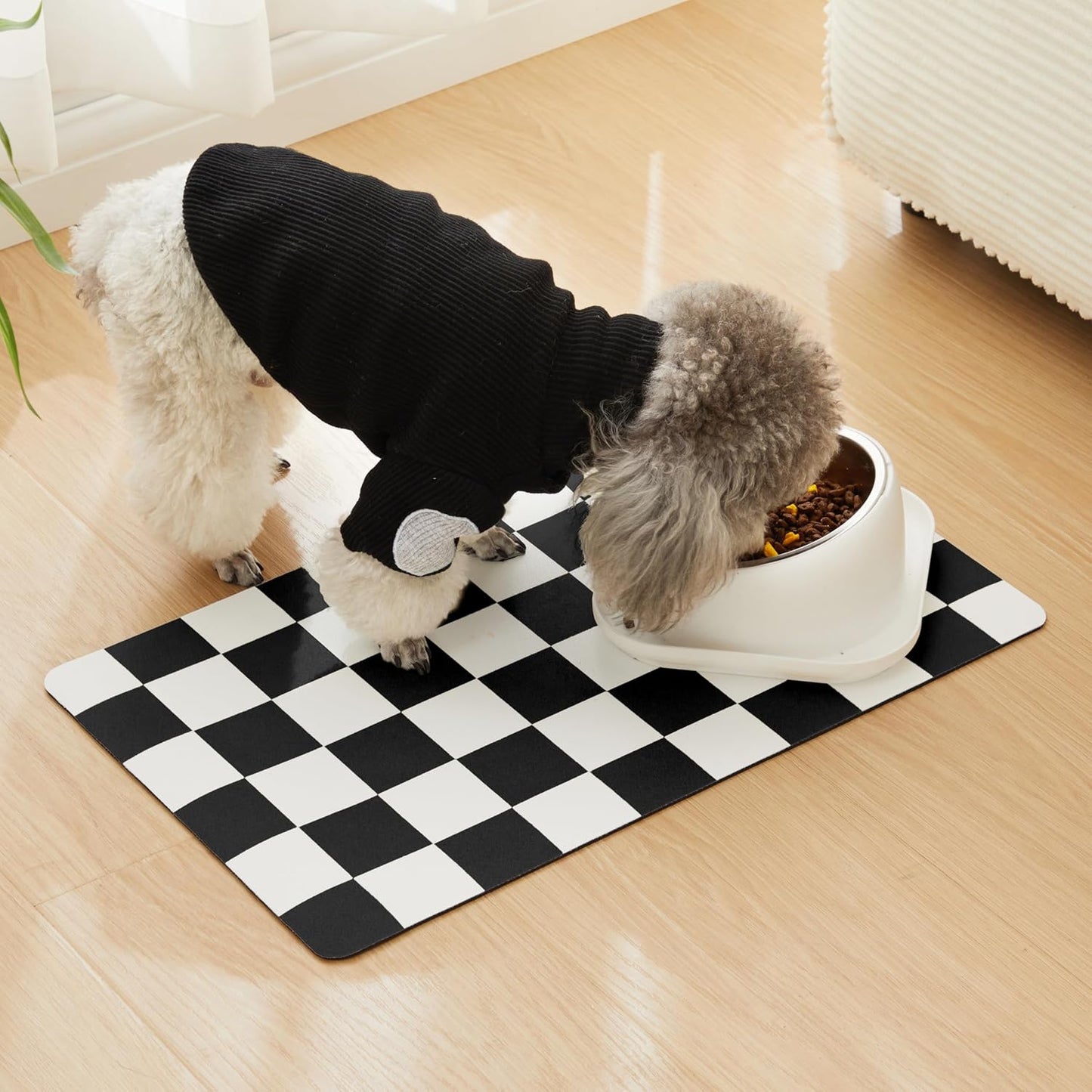 Checkered Dog Feeding Mat, Absorbent Mats for Dog Food and Water Bowl, Dispenser, Retro Aesthetic Khaki Beige Checkerboard Pet Placemat for Dogs, Cats, Puppy Accessories, 12" X 19”