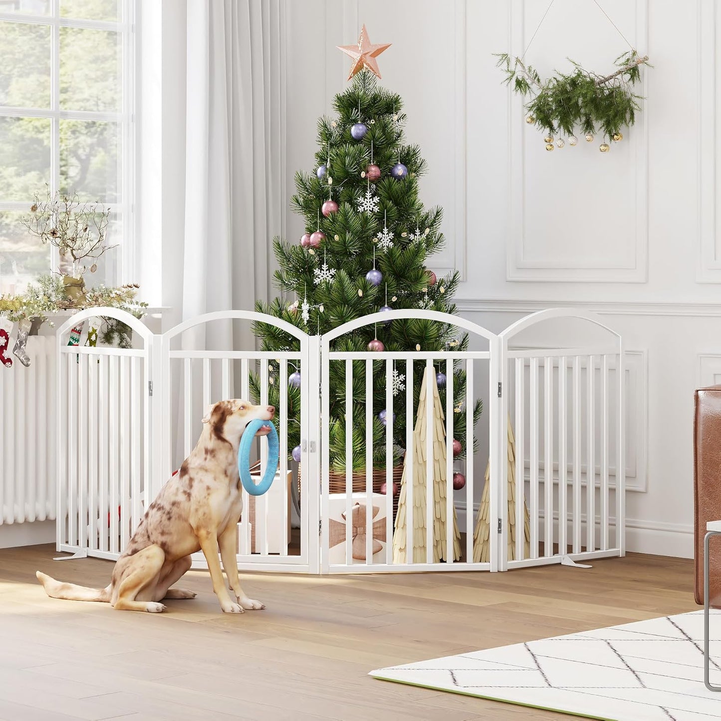 Folding No-Assembly Freestanding Dog Gate with Door,32" Heights Foldable Pet Fence,144" Extra Wide Accordion Puppy Folding Playpen for Doorways,House,Stairs (6 Panels,White)