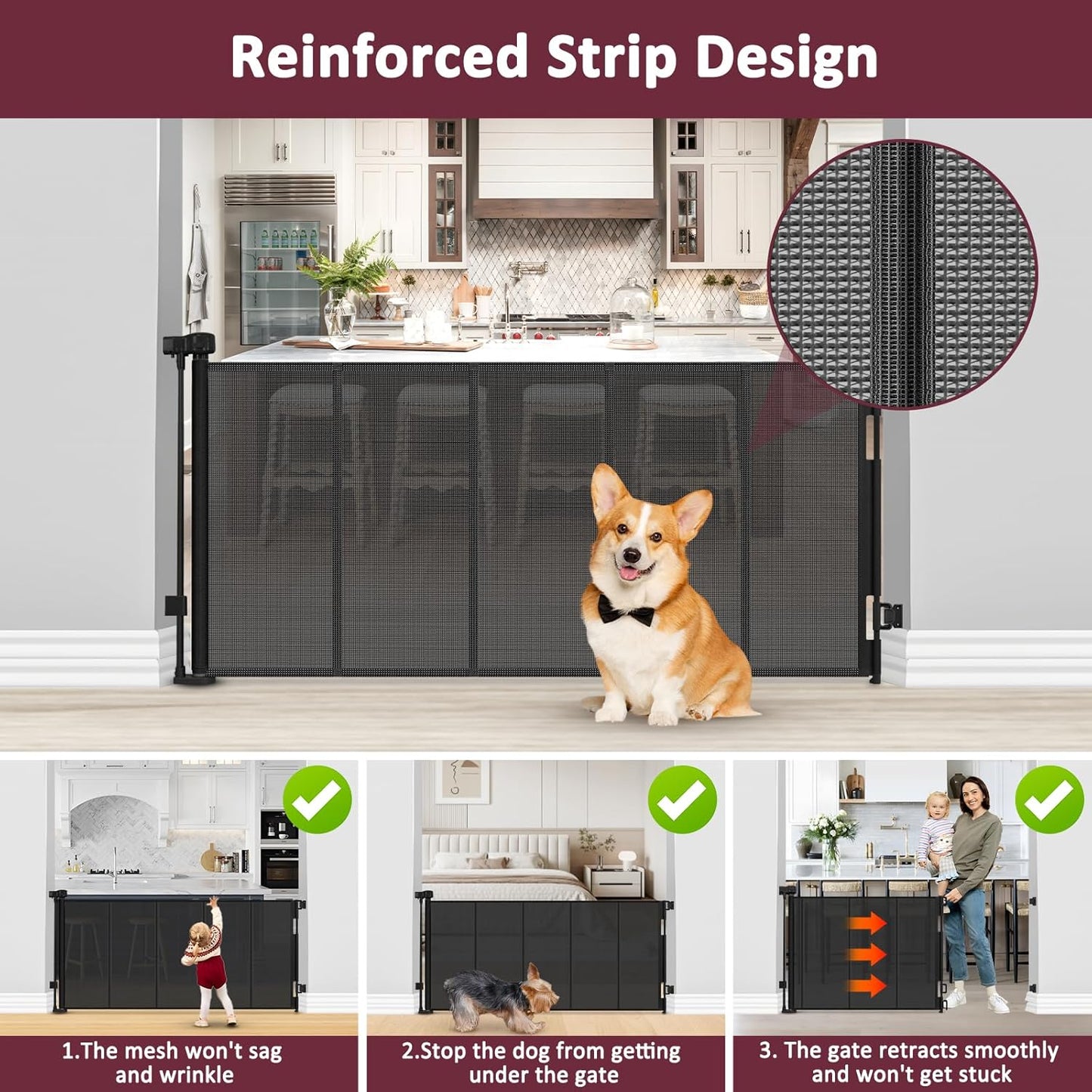 26 Inch Tall Step Over Retractable Dog Gate with Reinforced Bars 55" Wide Small Puppy Gates for The House Short Retractable Baby Gates for Doorway Mesh Dog Gate Indoor Doggie Gate Retractable Pet Gate
