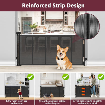 26 Inch Tall Step Over Retractable Dog Gate with Reinforced Bars 55" Wide Small Puppy Gates for The House Short Retractable Baby Gates for Doorway Mesh Dog Gate Indoor Doggie Gate Retractable Pet Gate