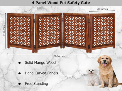 Croft&Cane Wooden Foldable Pet Dog Safety Gate – 3 Panel Freestanding Indoor Pet Fence (20 inches W x 24 inches H) – Hand-Carved Solid Wood & MDF – Fully Assembled - Antique Brown