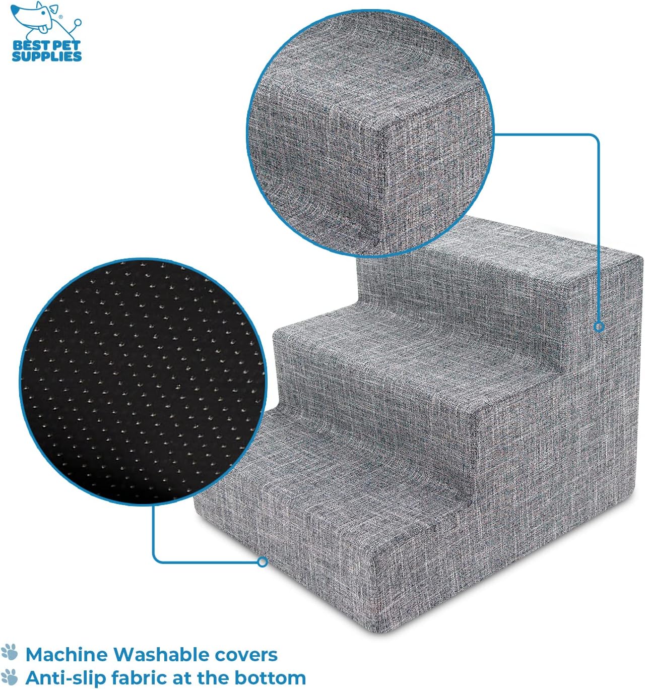 Best Pet Supplies Foam Pet Steps Cover for Small Dogs and Cats, Portable Ramp Stairs for Couch, Sofa, and High Bed Climbing (Cover Only) - Ash Gray Linen, 3-Step (Cover Only)