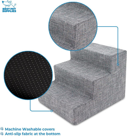 Best Pet Supplies Foam Pet Steps Cover for Small Dogs and Cats, Portable Ramp Stairs for Couch, Sofa, and High Bed Climbing (Cover Only) - Ash Gray Linen, 3-Step (Cover Only)