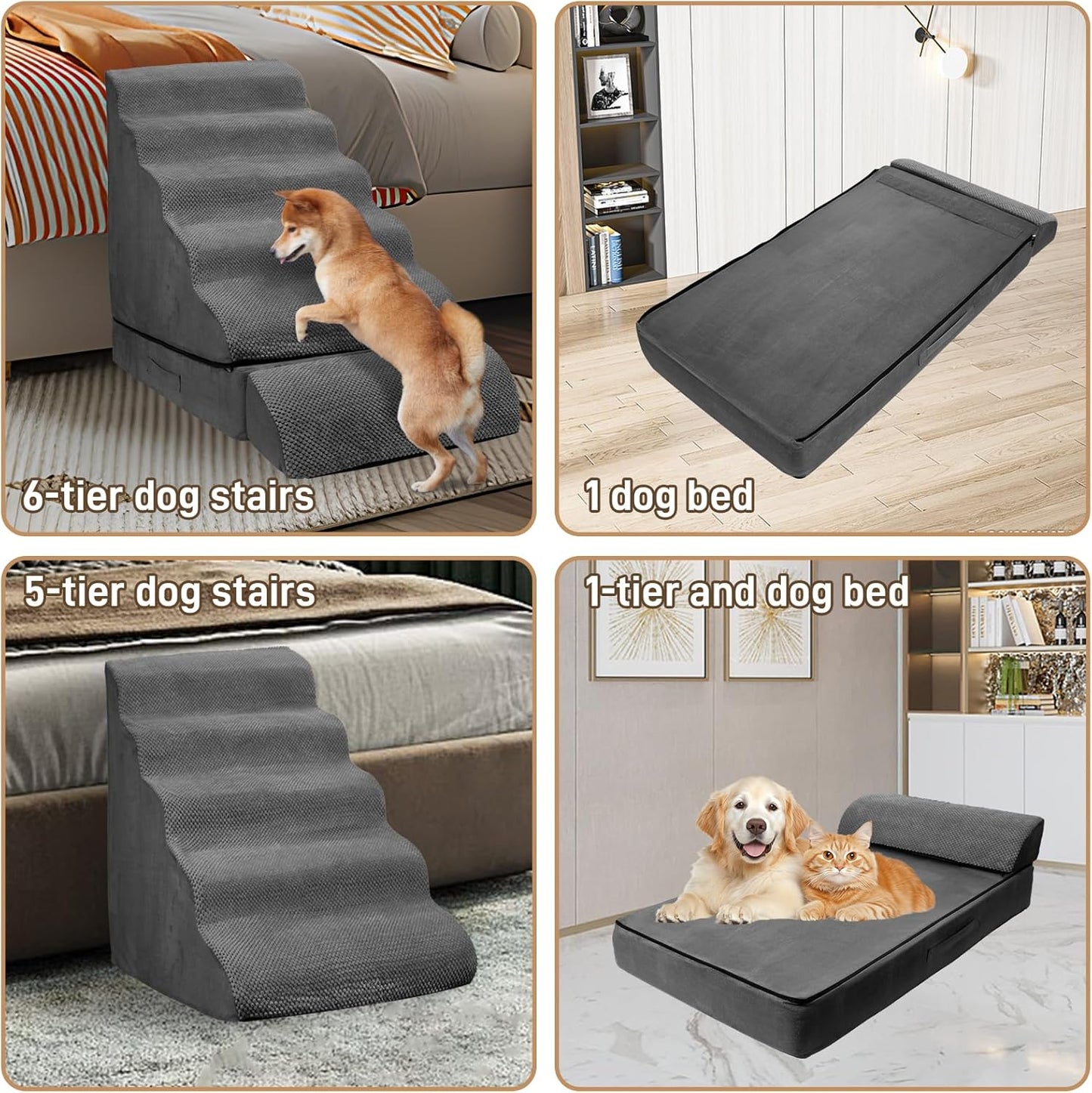 Dog Stairs for High Beds 30-36 inches Tall, 6-Step Pet Stairs/Steps for High Bed 32-36 inches for Small Large Dogs, Foam Dog Steps for Beds for Old Dogs/Cats, Dark Grey