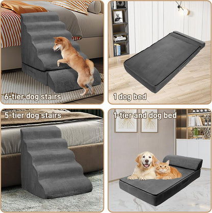 Dog Stairs for High Beds 30-36 inches Tall, 6-Step Pet Stairs/Steps for High Bed 32-36 inches for Small Large Dogs, Foam Dog Steps for Beds for Old Dogs/Cats, Dark Grey