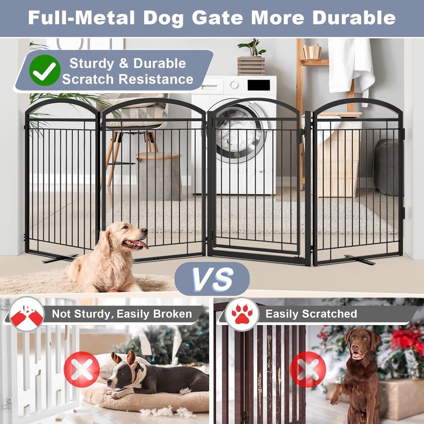 Full Metal Free Standing Dog Gate with Door for Indoor & Outdoor,96'' Extra Wide 32'' Tall Dog Gate for The Doorways,Large Openings,Decks,Porch,Pet Freestanding Safety Fence(4 Panels,Black)