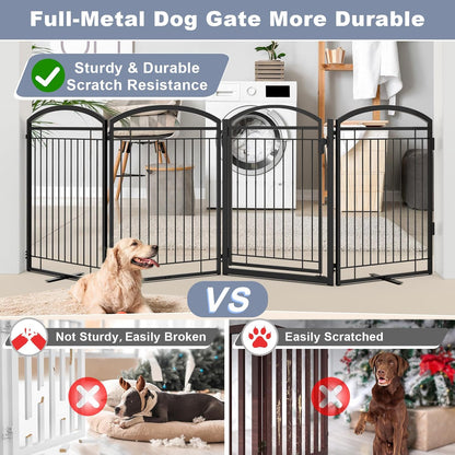 Full Metal Free Standing Dog Gate with Door for Indoor & Outdoor,96'' Extra Wide 32'' Tall Dog Gate for The Doorways,Large Openings,Decks,Porch,Pet Freestanding Safety Fence(4 Panels,Black)