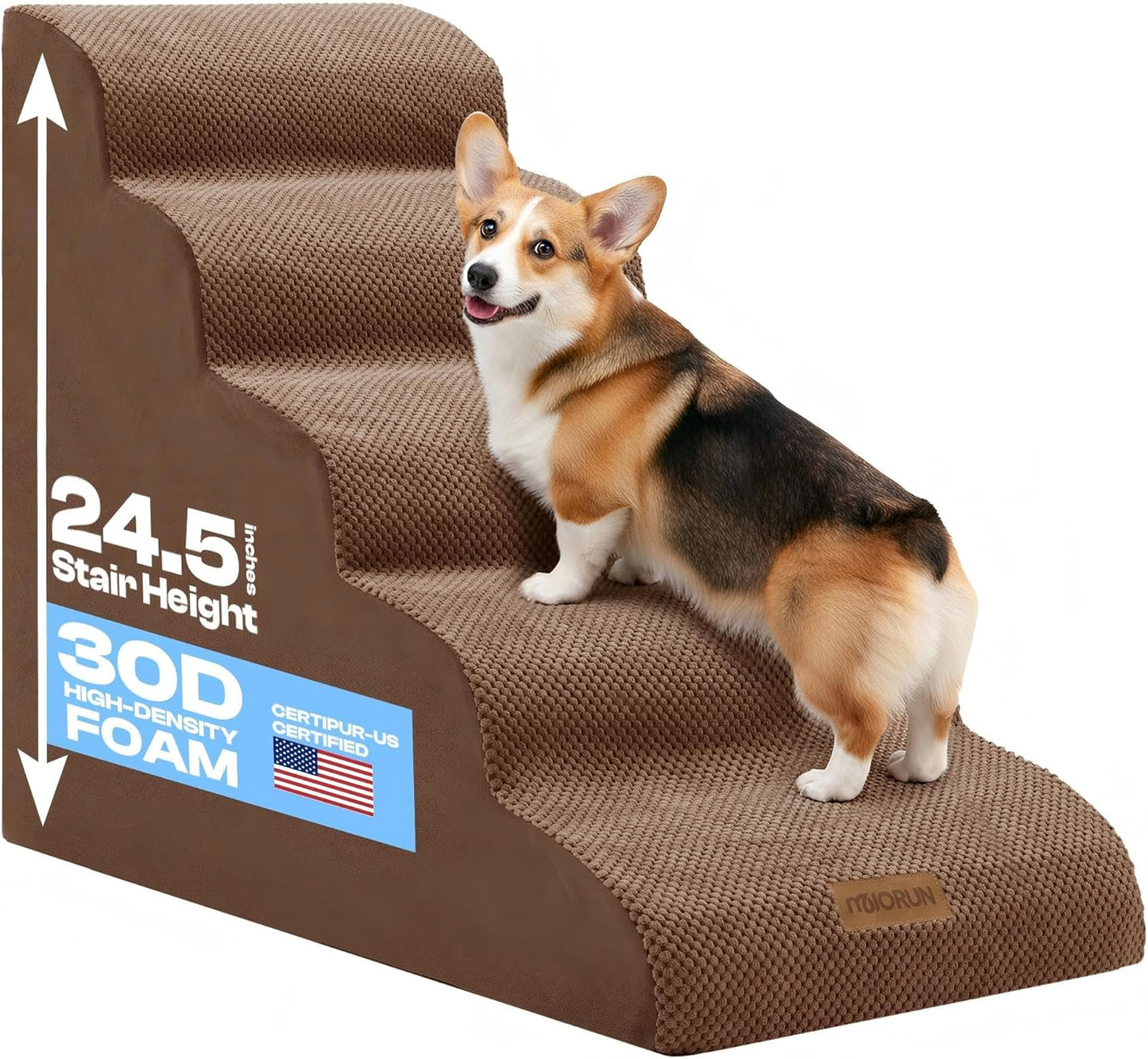 Dog Stairs for High Beds Up to 30", Extra-Tall 5-Step Dog Steps for Bed, 24.5" Tall Foam Pet Stairs for Small & Medium Dogs, Gentle Slope Cat Ramp for Bed with Washable Cover