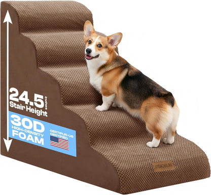 Dog Stairs for High Beds Up to 30", Extra-Tall 5-Step Dog Steps for Bed, 24.5" Tall Foam Pet Stairs for Small & Medium Dogs, Gentle Slope Cat Ramp for Bed with Washable Cover