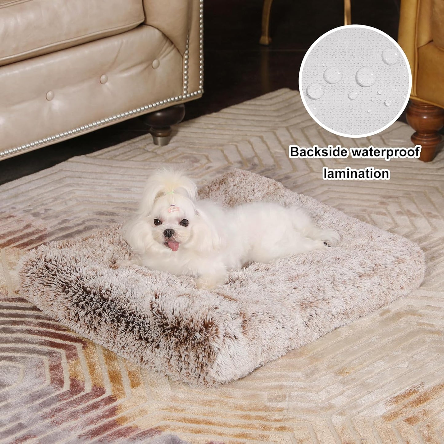 Bedfolks Waterproof Dog Crate Bed, Plush With Removable Washable Cover, Faux Fur Crate Pad for Medium Dogs, Fluffy Kennel 29"x21", Dark Grey