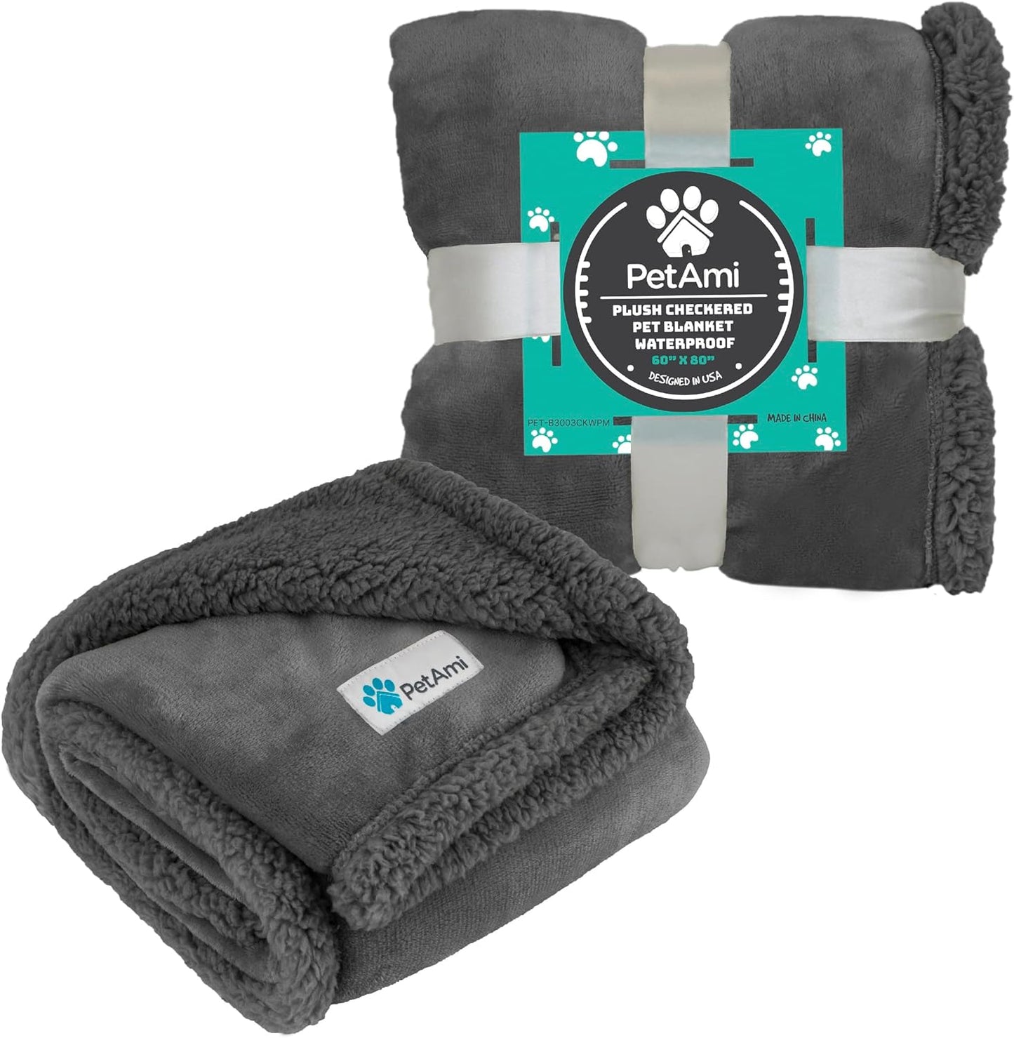 PetAmi Waterproof Dog Blanket for Couch, Large 60x40, Pee Proof Sherpa Fleece Reversible Pet Throw, Furniture Protector for Bed Sofa Kennel, Soft Washable Cover for Medium Dogs Cats, Grey Sherpa