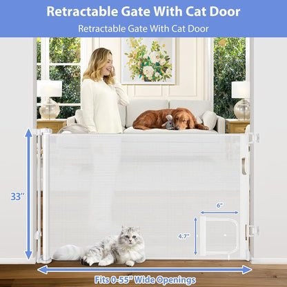 Retractable Baby Gates with Door 55" Wide Retractable Dog Gate with Pet Door Outdoor Retractable Gate for Dogs Mesh Baby Gate Retractable Pet Gate with Cat Door Retractable Child Gates for Doorways