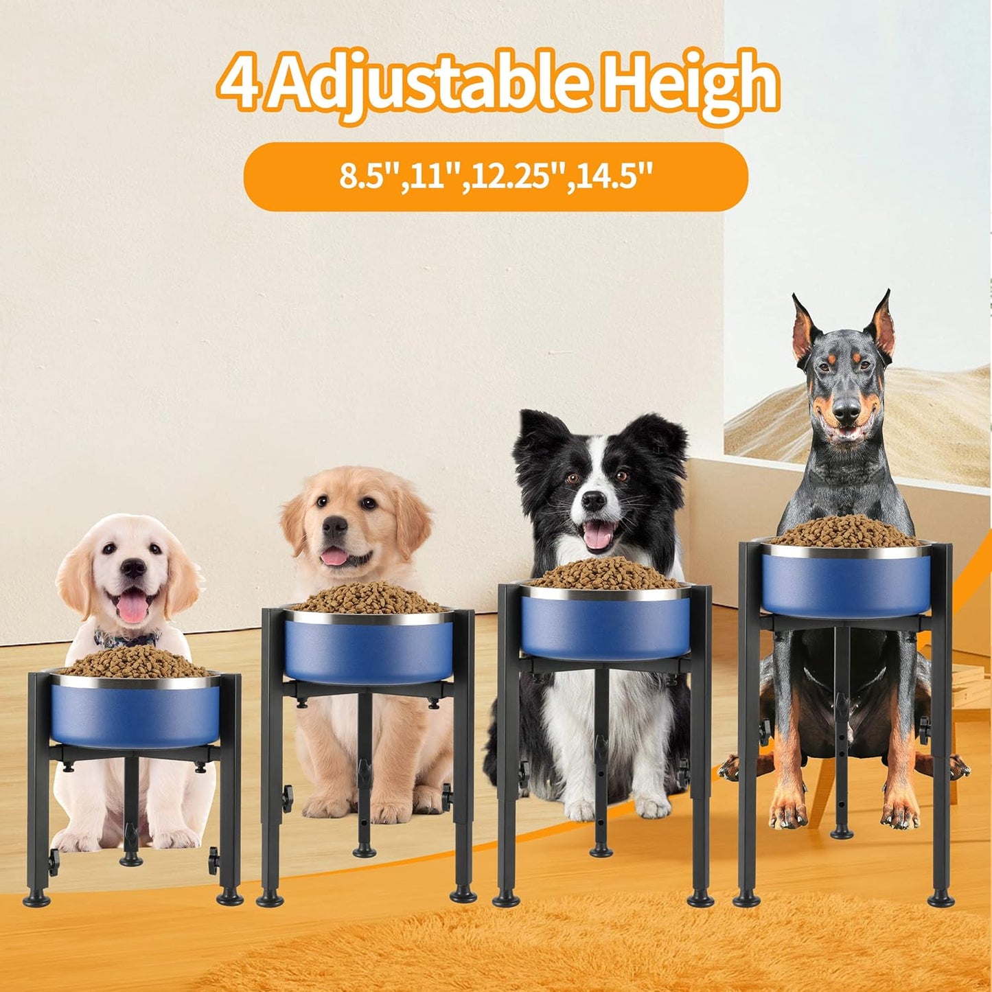 PROERR Single Dog Bowl Stand,Tall Dog Food Stand Adjustable Wide 7-11" Heights 14.5",Metal Elevated PET Bowl Holder Raised Water Feeder for Medium,Large Dog(Bowl Not Included)