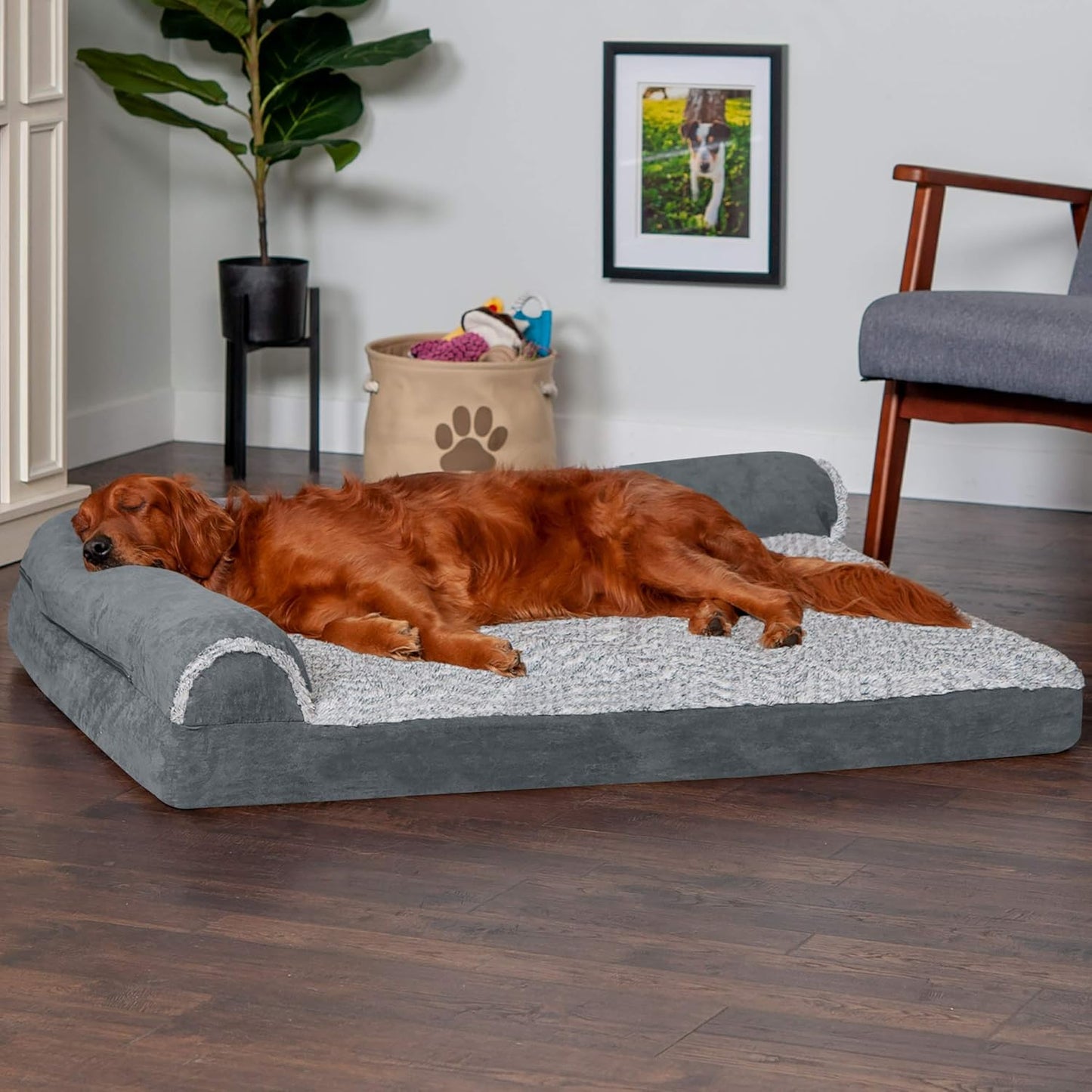 Furhaven Memory Foam Dog Bed for Large Dogs w/ Removable Bolsters & Washable Cover, For Dogs Up to 95 lbs - Two-Tone Plush Faux Fur & Suede L Shaped Chaise - Espresso, Jumbo/XL