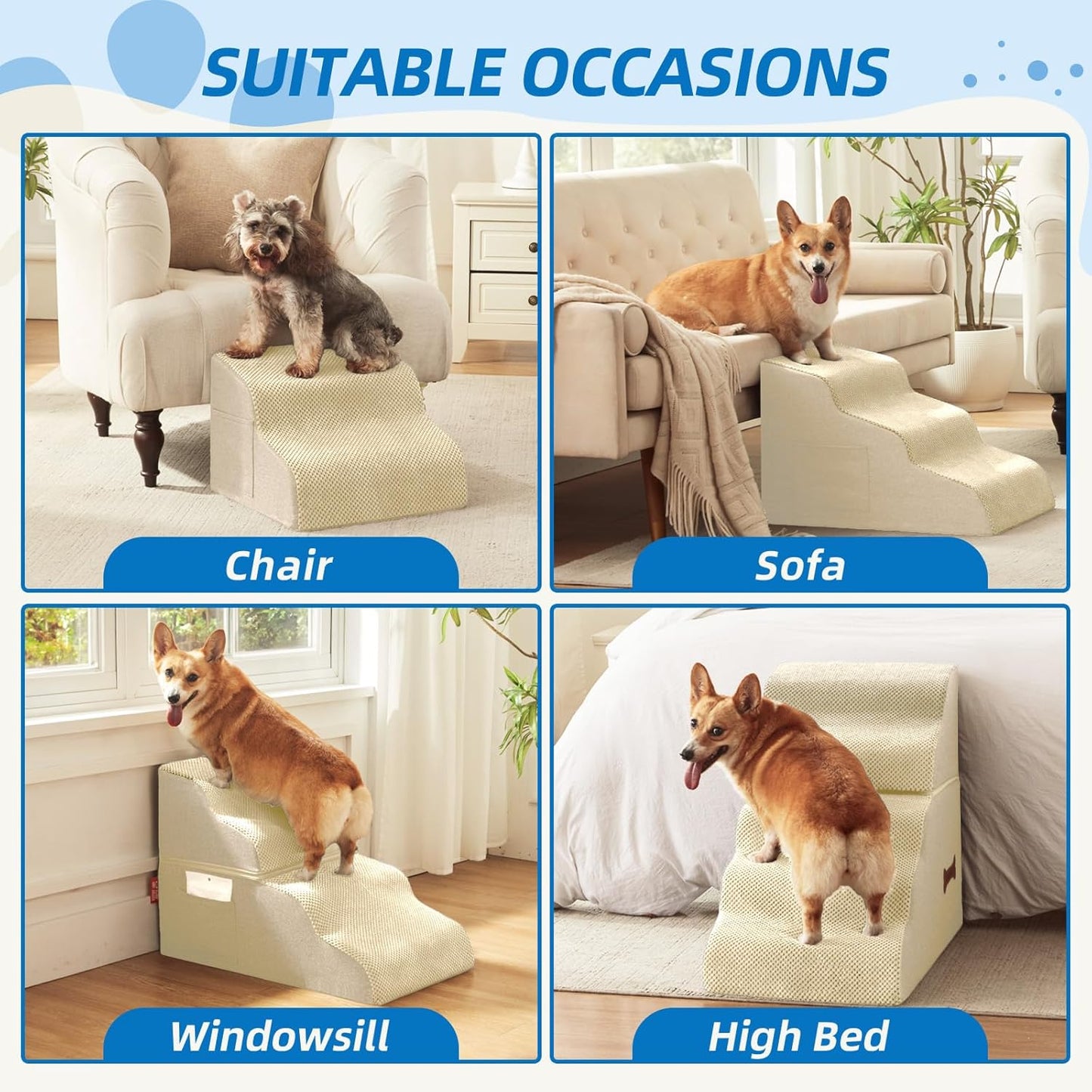 Dog Stairs for Small Dogs and Cats, 2 Steps Pet Stairs to Get on Couch Sofa and Chair, Indoor Non-Slip Balanced Portable Pet Step, High-Density Foam Ramp with Removable Washable Cover, Grey（11.8" H）