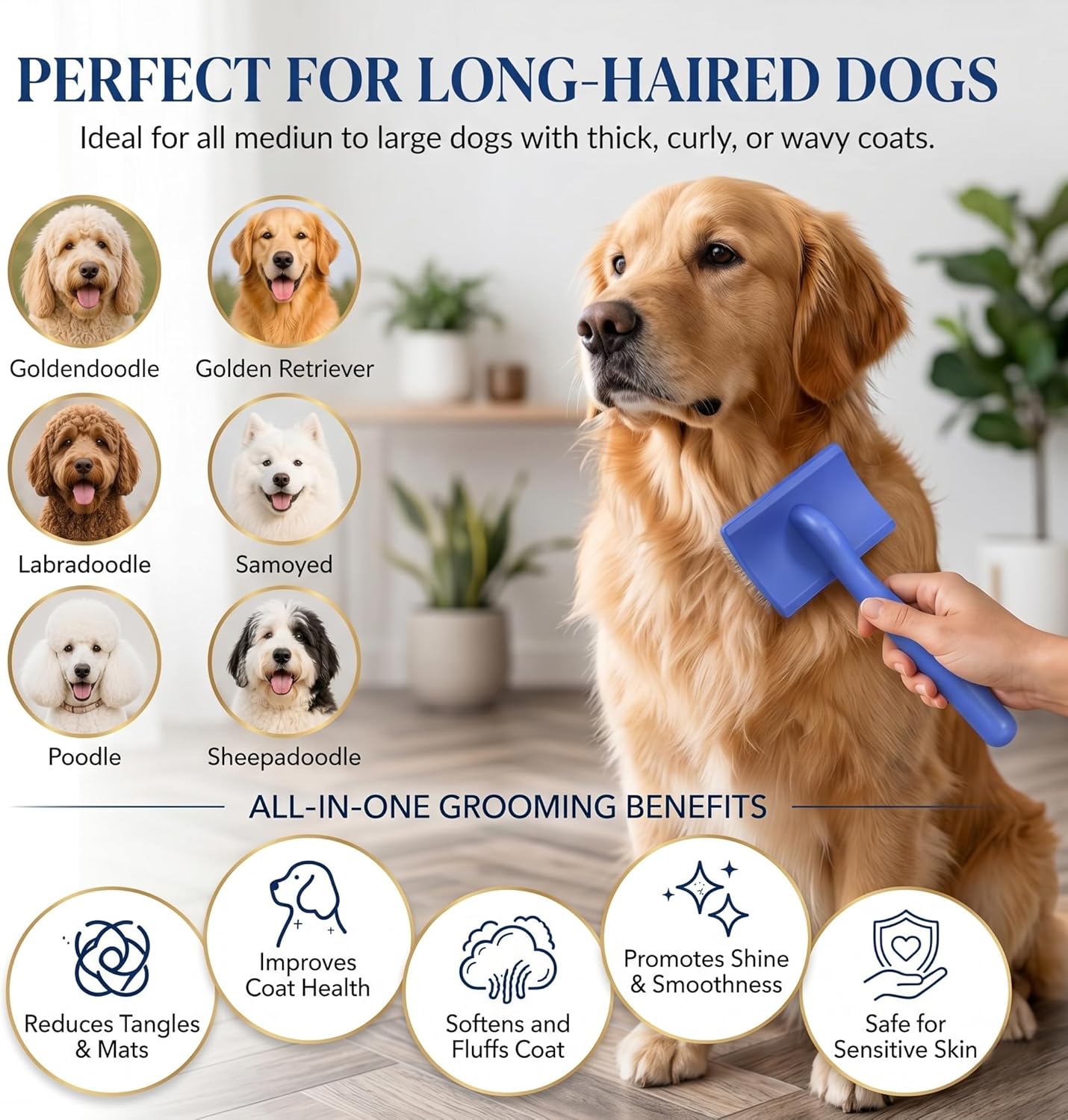 Slicker Brush for Dogs, Large Dog Grooming Brush for Doodles Goldendoodles Poodles Labradoodle Bernedoodles, Long Combs to Wavy & Curly Hair - Wooden Handle 3 Pcs - Nature
