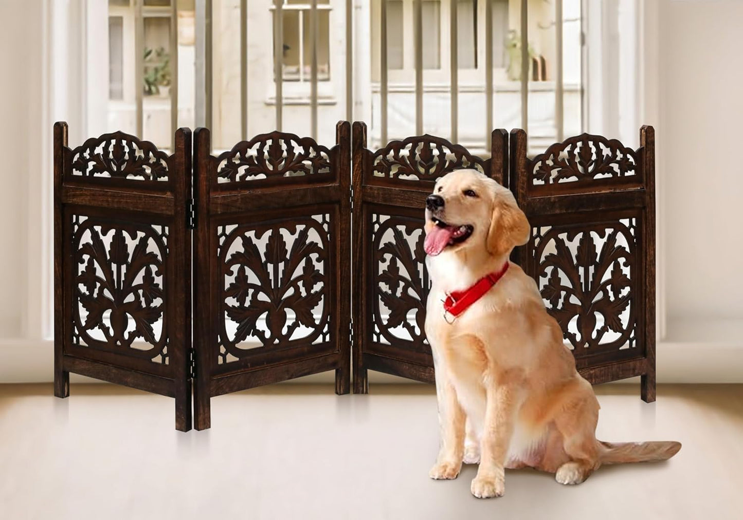 Freestanding Pet Gate for Dogs, Foldable Wooden Dog Gate for House, Indoor Dog Gate for Stair, Doorway, House Design Gates for Dogs Indoor, 72 Inch Wide, (18" x4 Panels 72 inch), Burnt Finish
