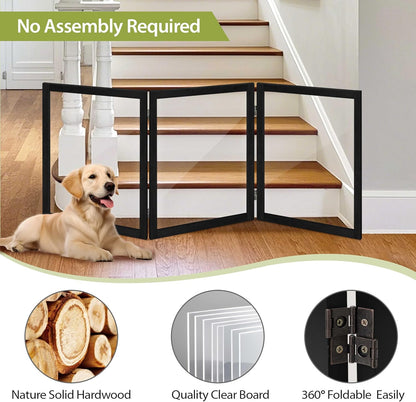 LZRS Clear Dog Gate for Indoor Use - Transparent Pet Fence with Solid Hardwood and Plastic Board, Stylish & Durable freestanding Pet Gate for Doorways, Stairs and Hallways-2 Panel Cherry