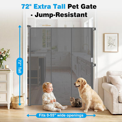Reinforced 72" Extra Tall Pet Gate for Cat, Dog, Puppy & Baby, Jump-Resistant & Prevent Crawling Underneath Retractable Baby Gates, Fits 0-55" Width Safety Mesh Dog Gate, 6 Foot Extra Tall Cat Gate