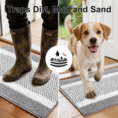 pobopobo Dog Door Mat for Muddy Paws - Absorbent & Washable Chenille Rug, Non-Slip Dirt Trapper for Indoor Outdoor Entryway, Quick Dry Pet Mat for Muddy Dogs (Striped Gray-Blue&White, 24" x 16")