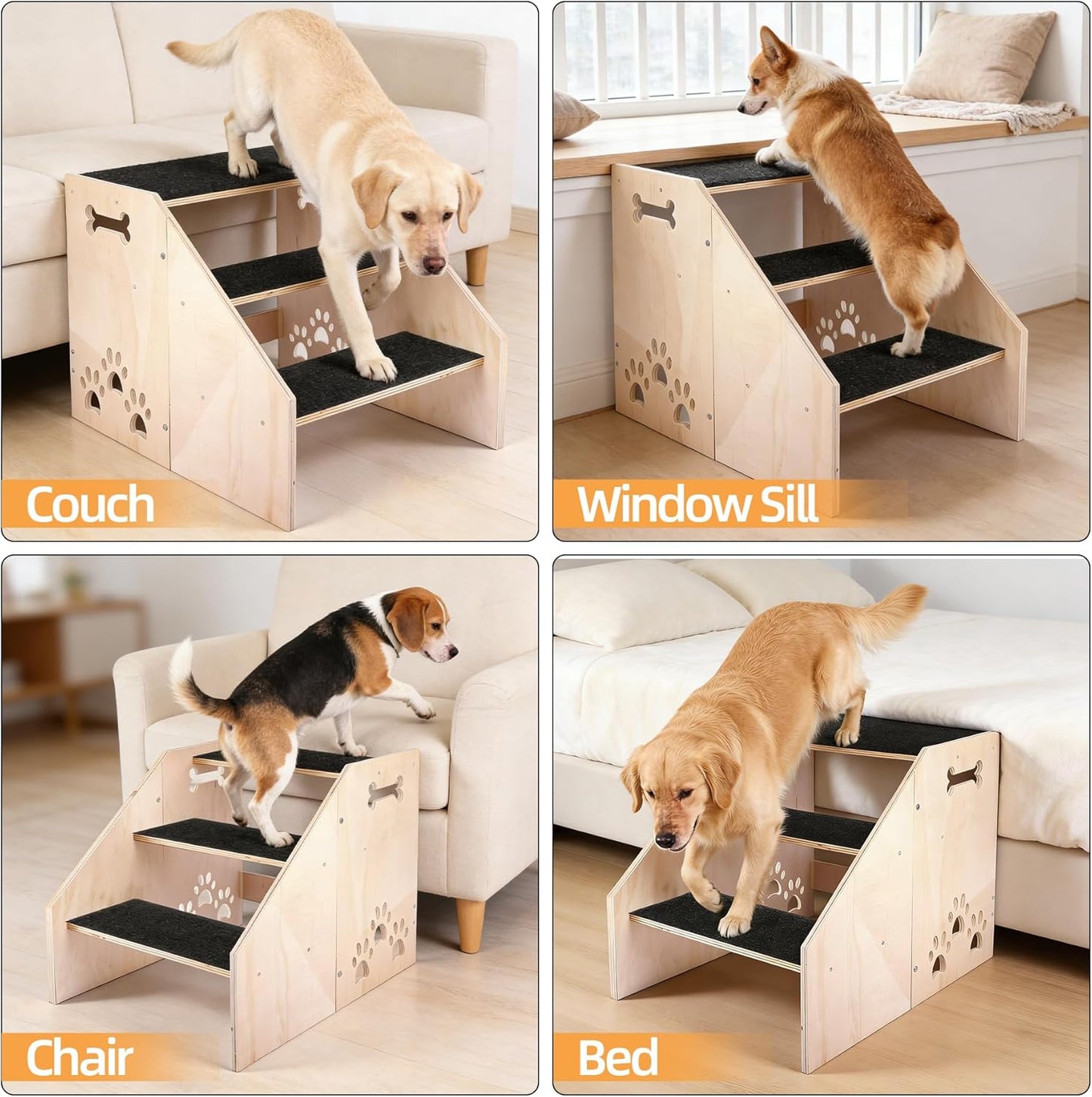 Dog Step, Wooden 3-Step Dog Stairs for High Beds & Couches, Non-Slip Pet Stair Ladder for Small Dogs, Puppies & Older Cats, 15.8 inch High