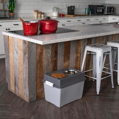 IRIS USA Dog Bowls Elevated with Storage, 15" H Raised Feeding Station, Dog Bowl Stand with Airtight Food Storage Holds 47 lbs, 2 Removable 64 oz Stainless Steel Bowls for Large Dogs, Smoke/Black