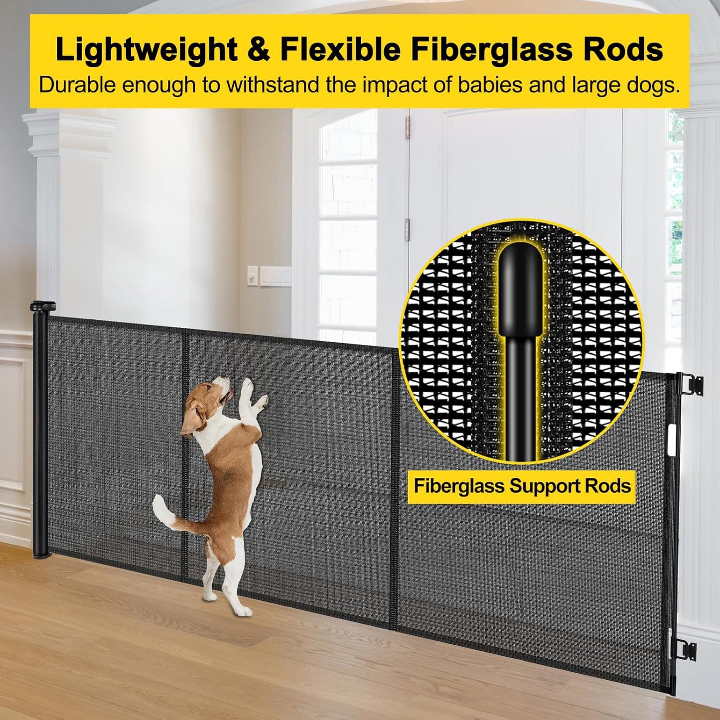 Reinforced 42” Extra Tall Retractable Baby Gates with Rods, Extends up to 60” Wide, Tall Retractable Dog Gate for Doorways Prevent Crawling Through Mesh Pet Gate Indoor Outdoor, Black