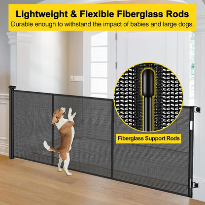 Reinforced 42” Extra Tall Retractable Baby Gates with Rods, Extends up to 60” Wide, Tall Retractable Dog Gate for Doorways Prevent Crawling Through Mesh Pet Gate Indoor Outdoor, Black
