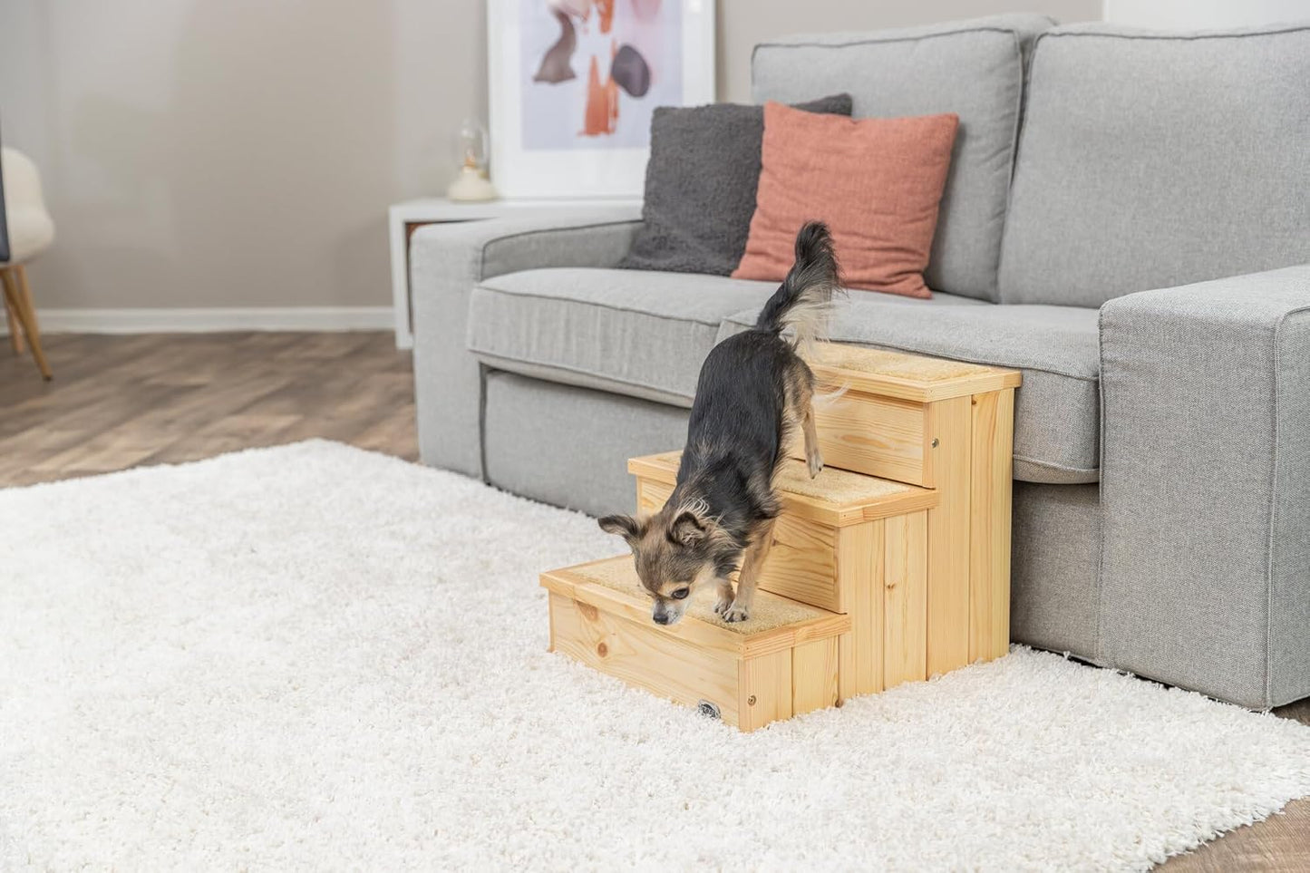 Trixie Wooden Dog Stairs with Nonslip Carpet - 3 Step Pet Stairs for Beds and Couches - with Additional Storage Space - in Natural