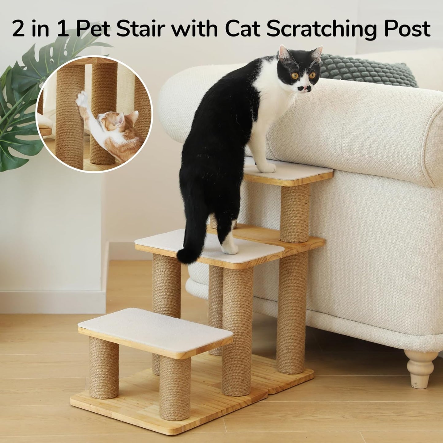 FUKUMARU 3-in-1 Pet Stairs, Retro-style Dog Steps for Cats and Small Dogs, Wooden Cat Stairs for High Bed with Scratching Post, Dog Ramp for Couch with Cat Condo Cave, Easy to Clean & Aesthetic Design