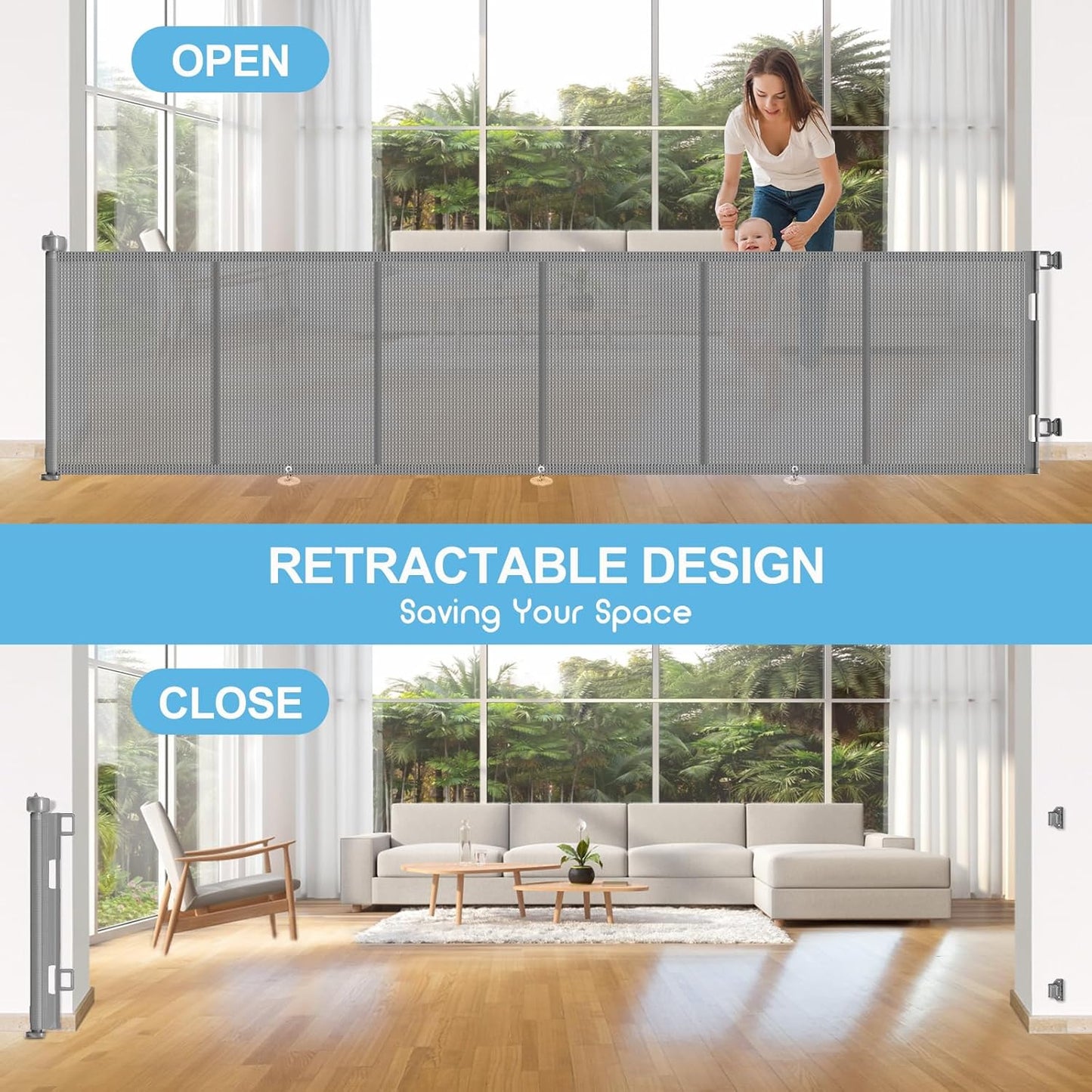 Upgrade 120 inch Retractable Baby Gates, EZIGO Extra Wide Baby Gate for Large Opening Extra Long Mesh Gate for Kids or Pet Dog Gate Child Safety Gate for Stairs Hallways Doorway Indoor Outdoor, Gray