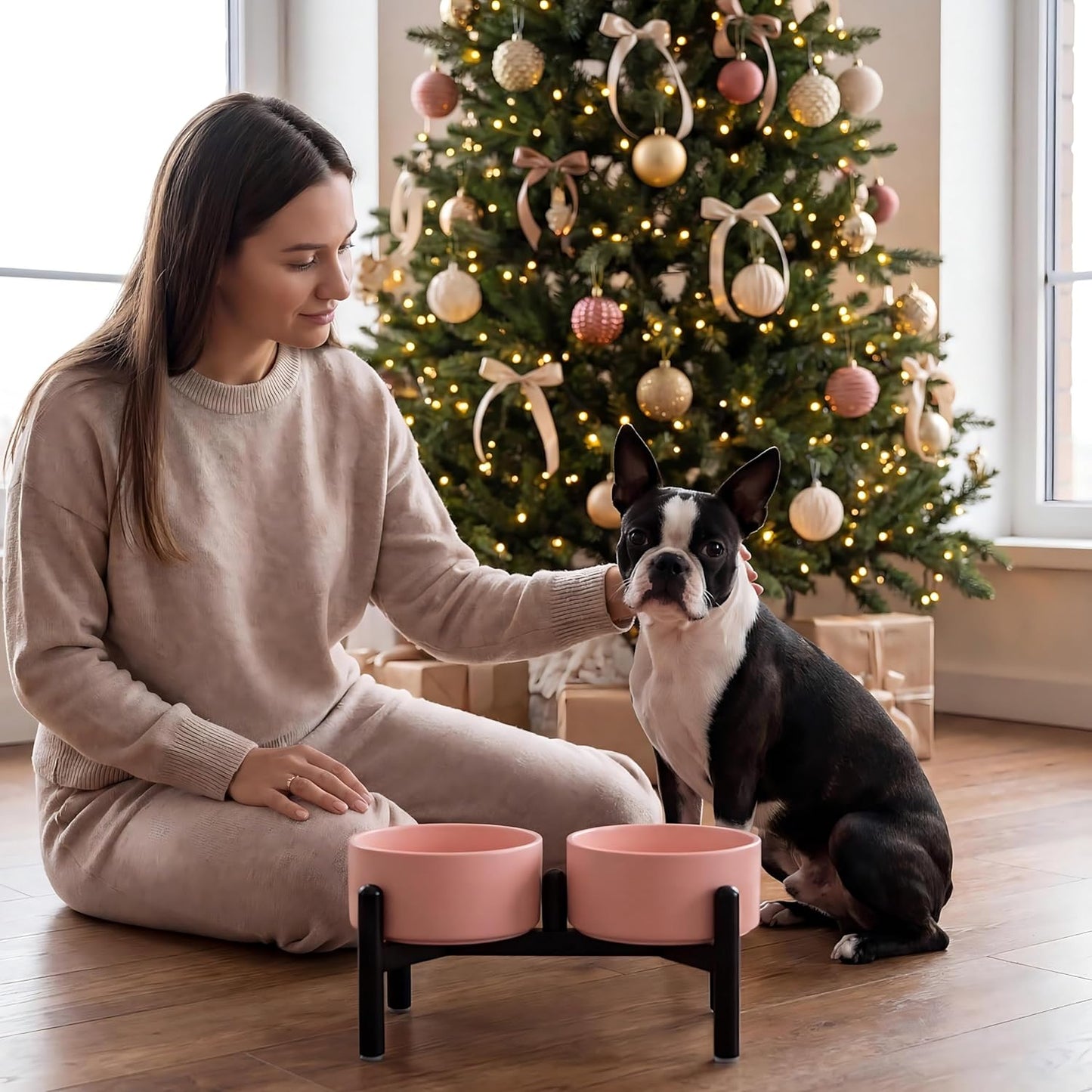 Raised Ceramic Dog Bowl Set - Elevated Double Dishes with Stainless Steel Stand - Food and Water Bowls for Small to Medium Dogs - Each Holds 3.5 Cups (29.57 fl oz) - White