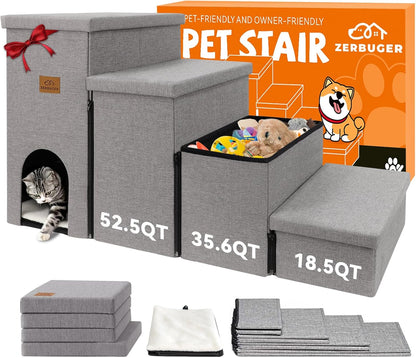 Zerbuger Wider Dog Ramp for High Bed with Storage 18" H, Foldable Dog Stairs for Small Medium Large Older Senior Animal, Sturdy Dog Step for Climbing Bed or Couch, Arthritis-Friendly (Gray, No Condo)