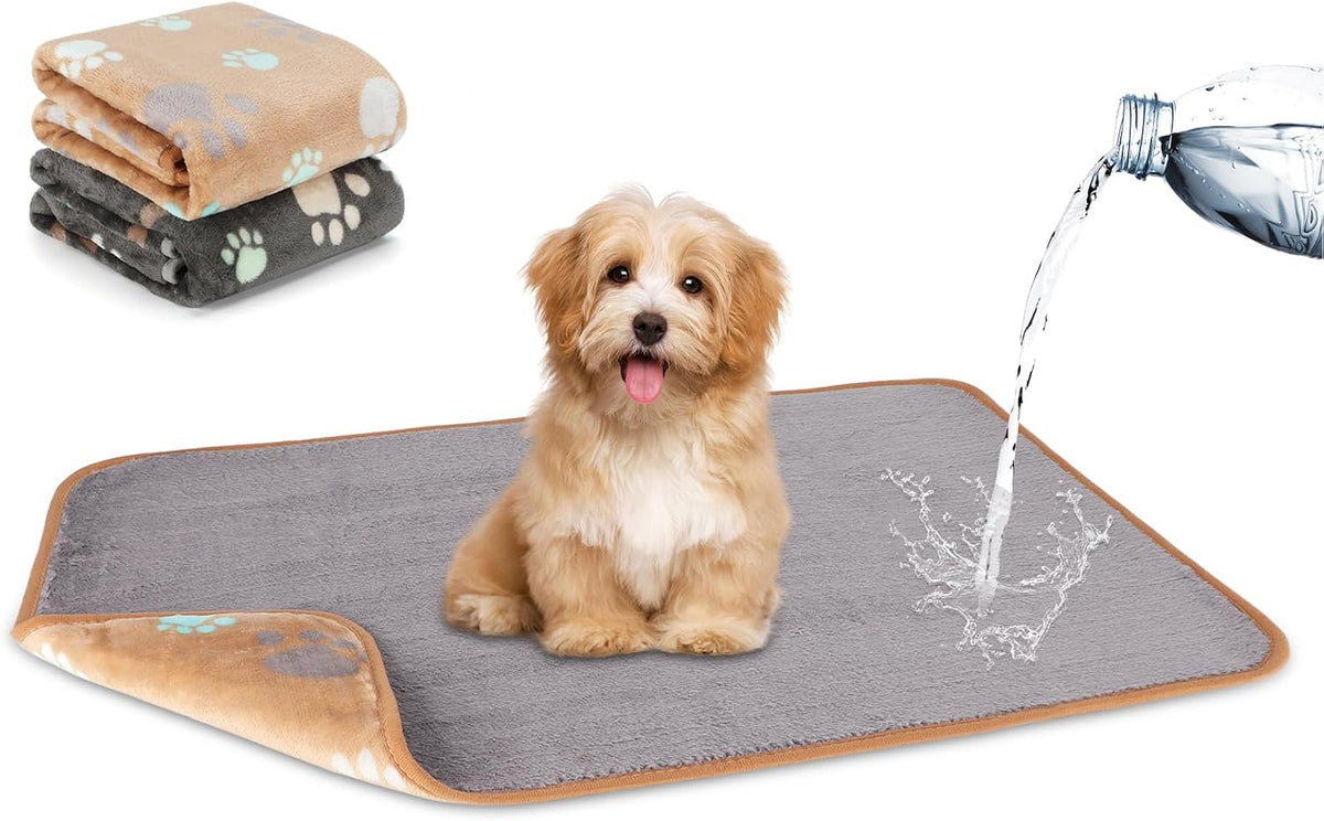Waterproof Dog Blankets, Washable Reversible Throw 40 x 30 in | White and Coffee Pair, Soft Fleece with Mylar Layer, Machine Washable, Bed Sofa and Car Protection, Medium and Large Dogs