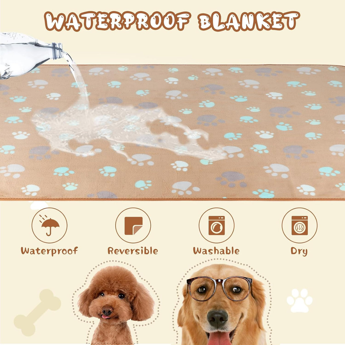 Waterproof Dog Blankets, Washable Reversible Throw 40 x 30 in | White and Coffee Pair, Soft Fleece with Mylar Layer, Machine Washable, Bed Sofa and Car Protection, Medium and Large Dogs