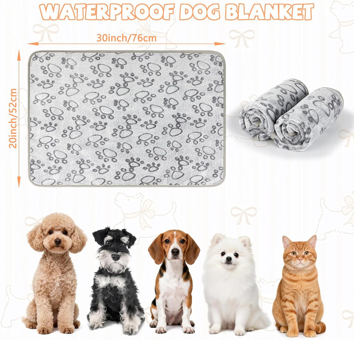 Waterproof Dog Blankets, Washable Reversible Throw 40 x 30 in | White and Coffee Pair, Soft Fleece with Mylar Layer, Machine Washable, Bed Sofa and Car Protection, Medium and Large Dogs