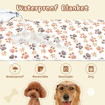 Waterproof Dog Blankets, Washable Reversible Throw 40 x 30 in | White and Coffee Pair, Soft Fleece with Mylar Layer, Machine Washable, Bed Sofa and Car Protection, Medium and Large Dogs