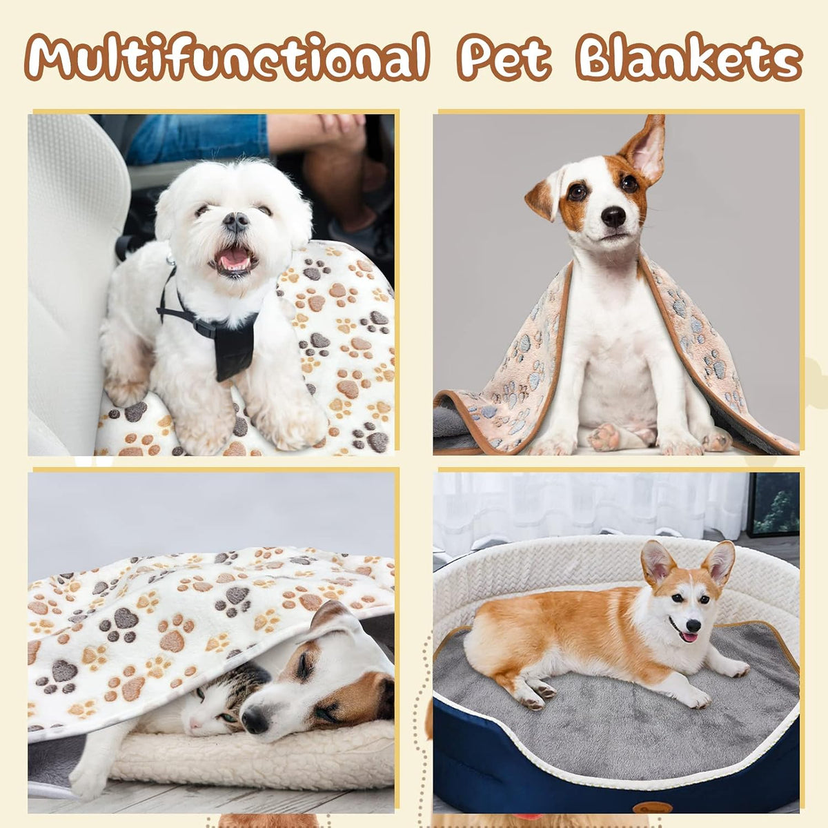 Waterproof Dog Blankets, Washable Reversible Throw 40 x 30 in | White and Coffee Pair, Soft Fleece with Mylar Layer, Machine Washable, Bed Sofa and Car Protection, Medium and Large Dogs
