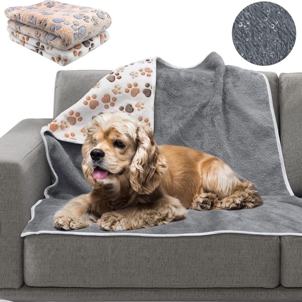 Waterproof Dog Blankets, Washable Reversible Throw 40 x 30 in | White and Coffee Pair, Soft Fleece with Mylar Layer, Machine Washable, Bed Sofa and Car Protection, Medium and Large Dogs