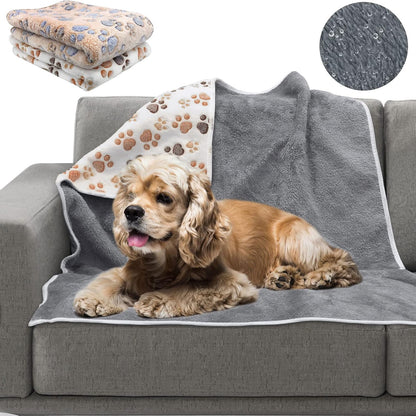 Waterproof Dog Blankets, Washable Reversible Throw 40 x 30 in | White and Coffee Pair, Soft Fleece with Mylar Layer, Machine Washable, Bed Sofa and Car Protection, Medium and Large Dogs